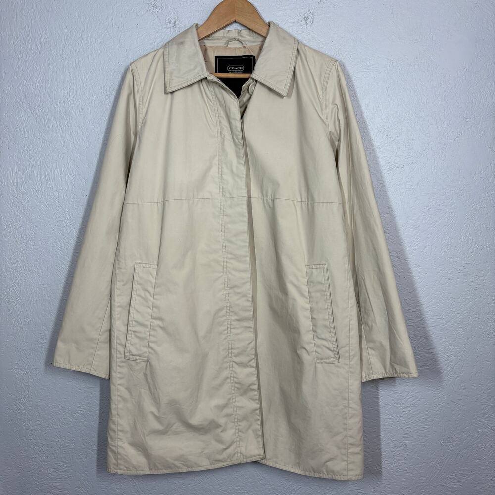 Coach Jacket Trench Hidden Button Collar Khaki Casual Resistant Camel Coat - L - Picture 5 of 9
